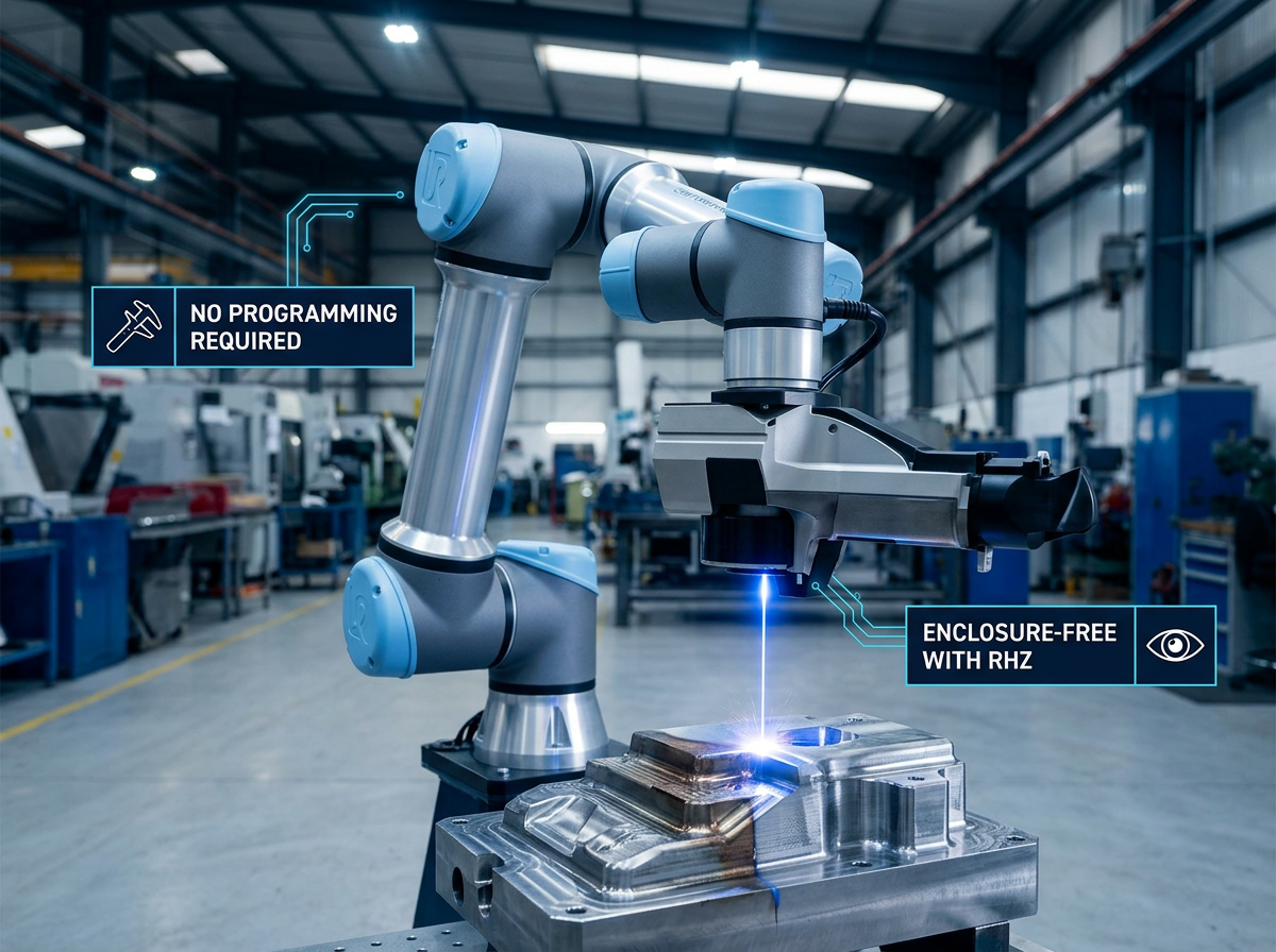 Multi-axis articulated robotic arm with laser cleaning head positioned over a complex machined metal component on a production floor, with electric blue laser interaction point visible on the part surface and two informational labels near the arm joints.