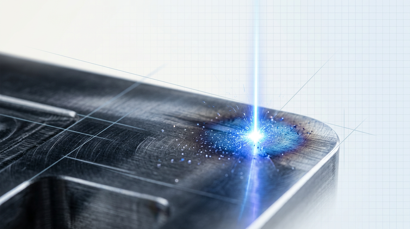 Close-up of electric blue laser beam contacting dark metal surface with particle ablation and light scatter at the impact zone, set against light grey gradient background with faint grid pattern.