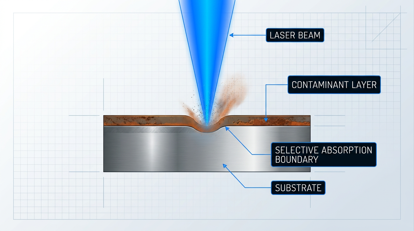Cross-sectional diagram of laser ablation showing a focused electric blue laser beam striking a contaminated metal surface, with the rust-oxide layer vaporizing while the steel substrate beneath remains intact, labeled with beam, contaminant layer, selective absorption boundary, and substrate.