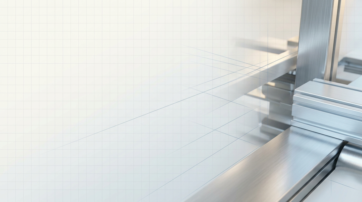 Bright industrial workspace with off-white to cool grey gradient background, faint geometric grid pattern, and thin blue-grey technical construction lines suggesting precision engineering environment.