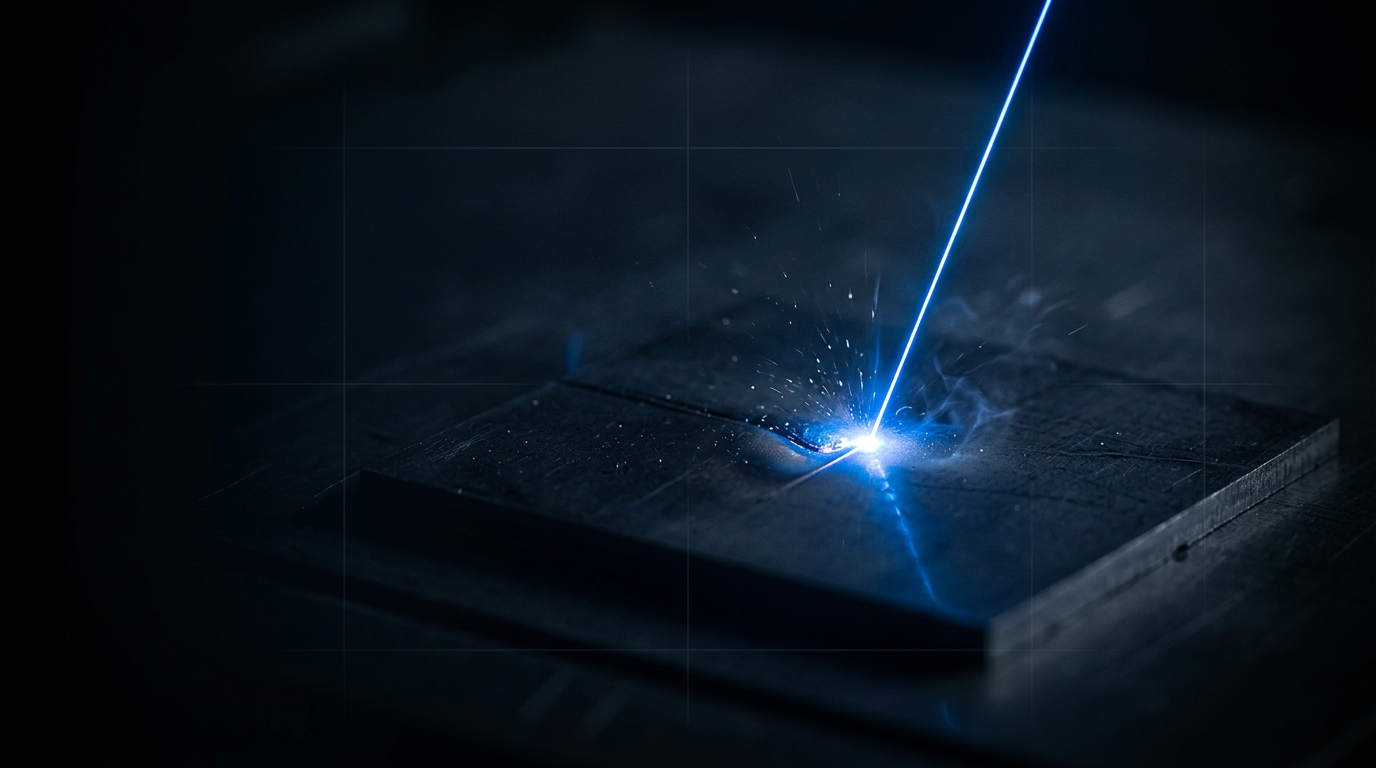 Dark atmospheric background with concentrated laser beam glowing electric blue at its focal point on a metallic surface, surrounded by subtle heat distortion and geometric grid lines suggesting precision measurement.