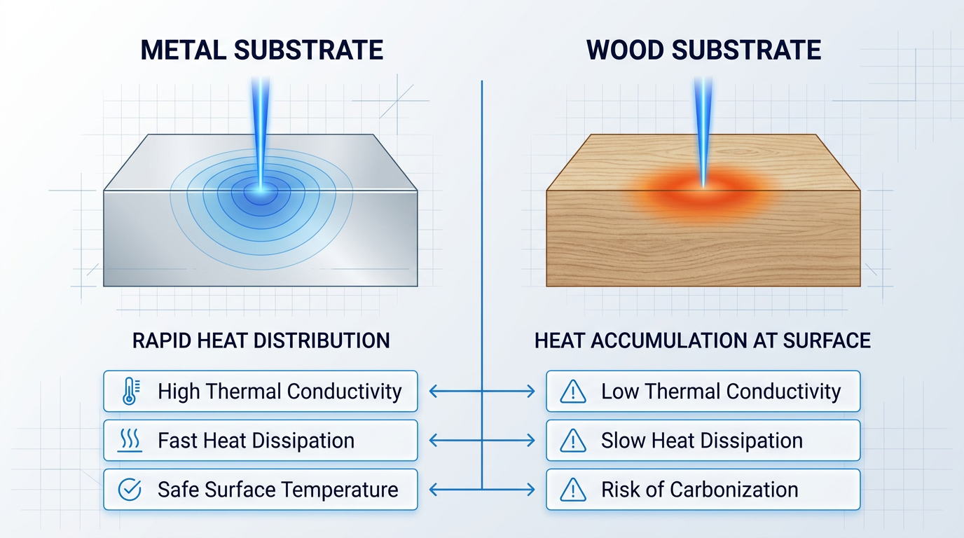 Two-column comparison showing heat distribution patterns: metal substrate with rapid thermal diffusion radiating outward in concentric blue circles, wood substrate with concentrated heat accumulation at surface in orange-red zone with minimal penetration.