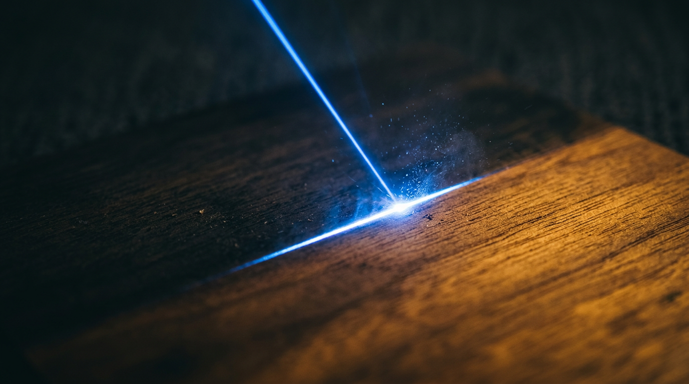 Dark atmospheric background showing warm wood grain texture illuminated by a focused electric blue laser beam at center-right, with sharp contrast between treated and untreated surface areas and subtle particle ablation visible in the light path.