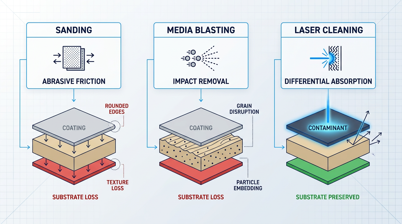 Three-column comparison showing material removal mechanisms: sanding and media blasting removing coating and substrate indiscriminately with damage indicators, versus laser cleaning selectively vaporizing contaminant while preserving wood substrate intact.