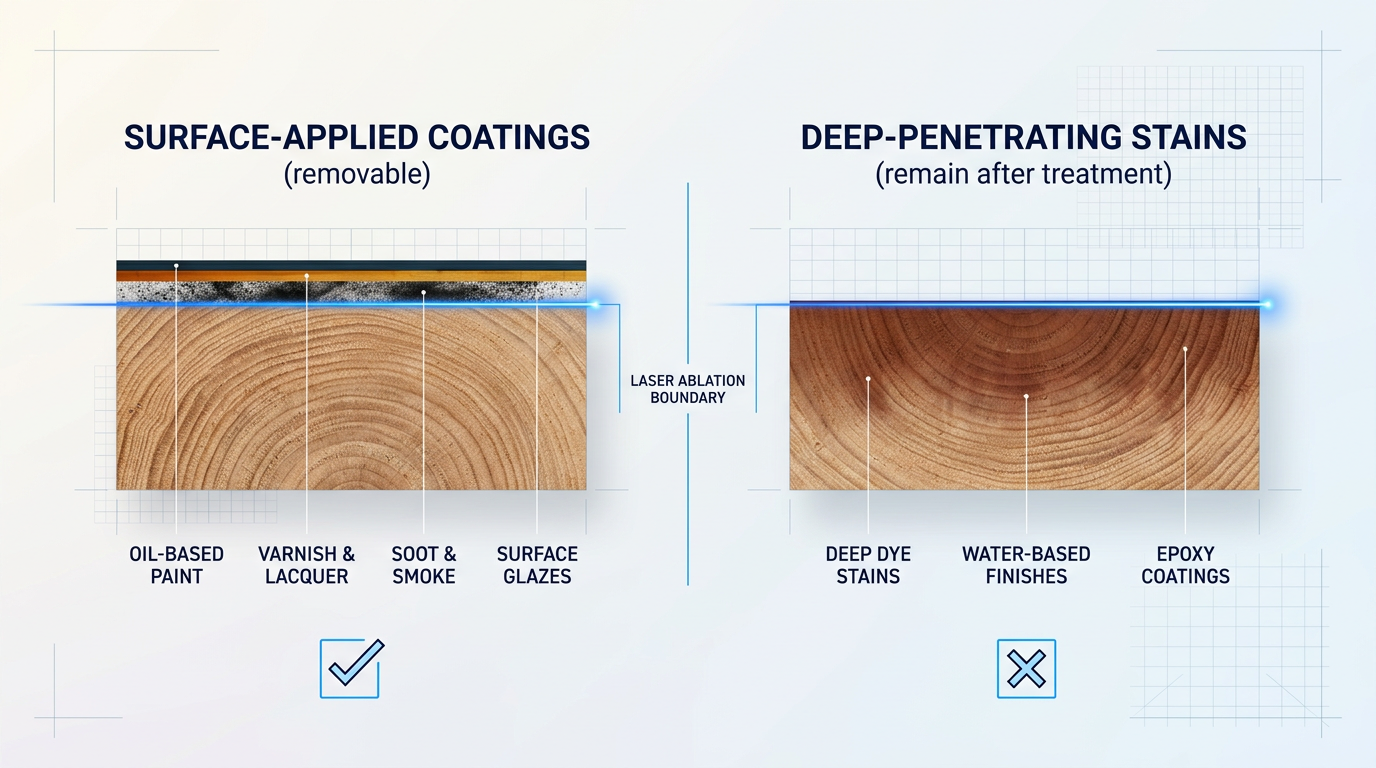 Side-by-side comparison of wood cross-sections: left side shows surface-applied coatings (paint, varnish, soot) sitting atop wood with laser ablation point marked; right side shows deep-penetrating dye stains diffused into wood grain, untouched by laser treatment.