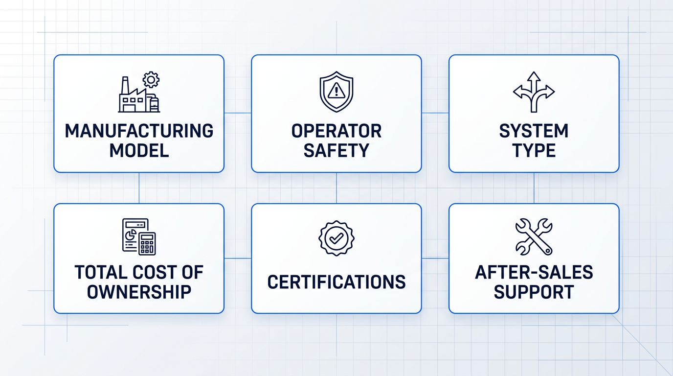 Six-criterion evaluation grid for laser cleaning manufacturers: manufacturing model, operator safety, system type, total cost of ownership, certifications, and after-sales support, each represented by icon and label in separate containers.