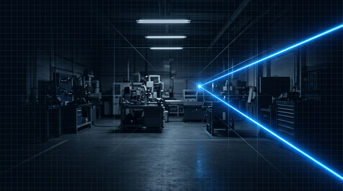Dark industrial workshop with deep navy and charcoal tones, geometric grid pattern overlay, thin blue-grey construction lines, matte concrete floor, electric blue laser beam cutting diagonally through darkness from upper right with atmospheric glow and particle effects.
