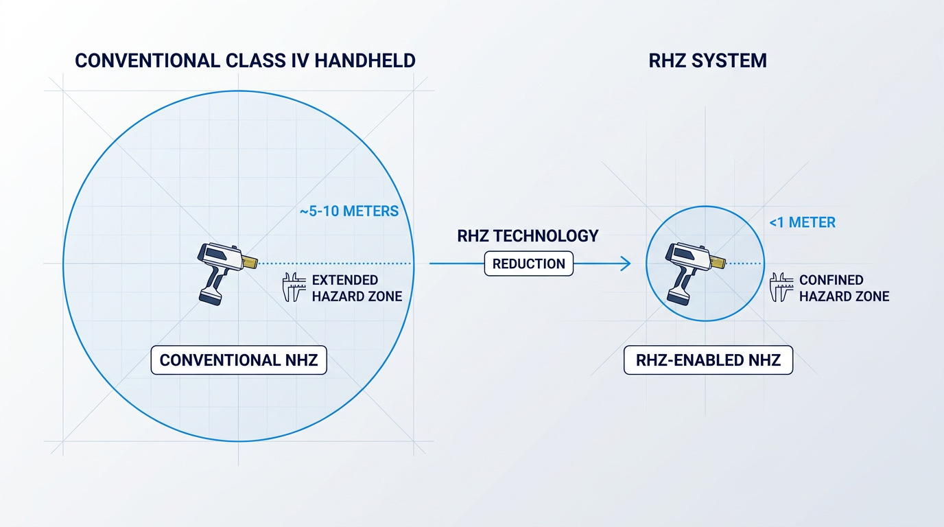 Side-by-side comparison of hazard zones: conventional Class IV handheld laser cleaner with large 5-10 meter circular NHZ boundary versus RHZ-enabled system with confined sub-1 meter zone around work surface.