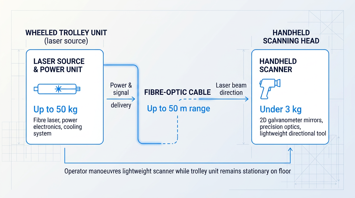System layout diagram showing three-component laser cleaning machine: wheeled trolley unit (laser source, up to 50 kg) on left, fibre-optic delivery cable (up to 50 m range) in center, handheld scanner head (under 3 kg) on right, connected by blue routing lines.