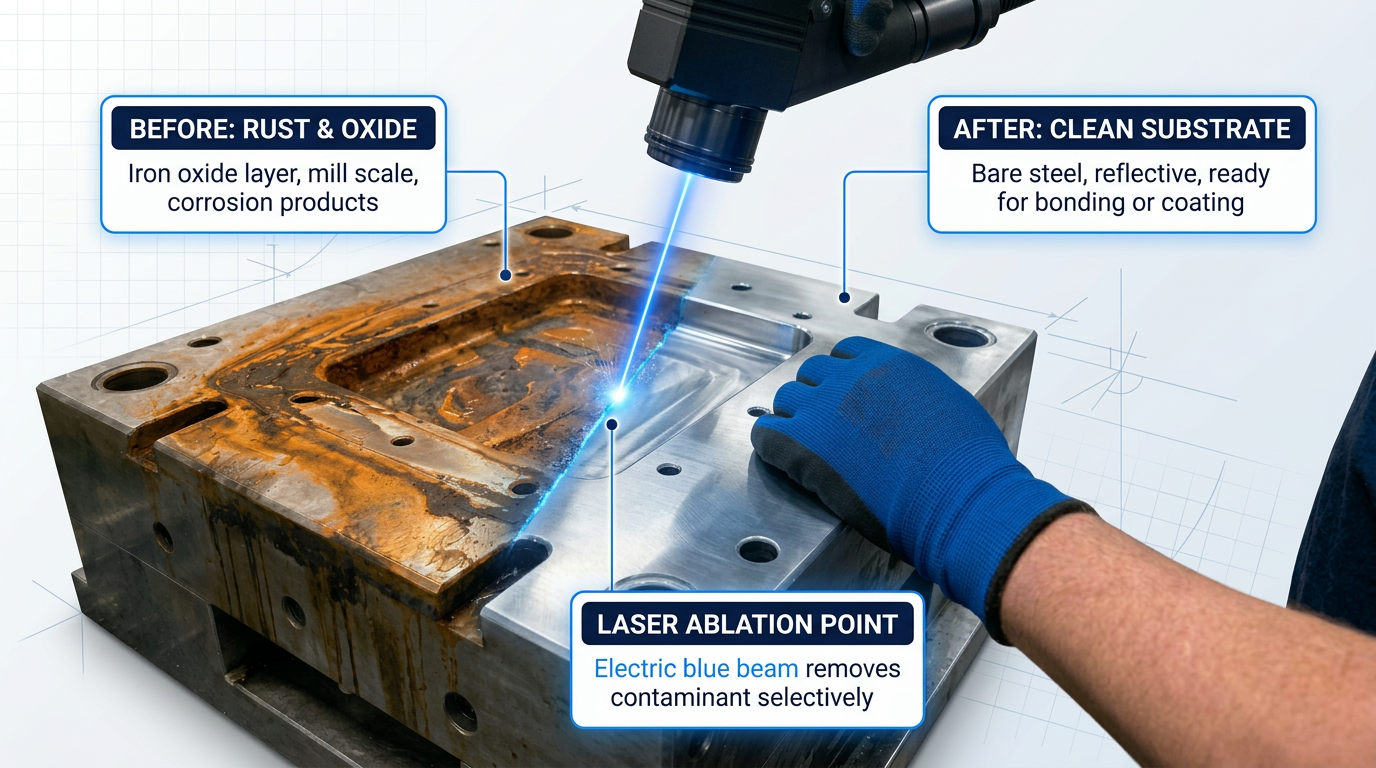 Steel surface split vertically: left side shows heavy rust and orange-brown oxide buildup; right side displays clean, reflective bare metal. A laser scanner head at top delivers an electric blue beam to the dividing line, demonstrating selective rust removal while preserving the substrate.