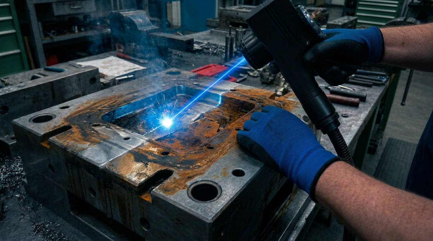 Handheld laser cleaning machine in action on corroded metal surface, electric blue beam cutting through rust and oxidation with bare metal revealed beneath.