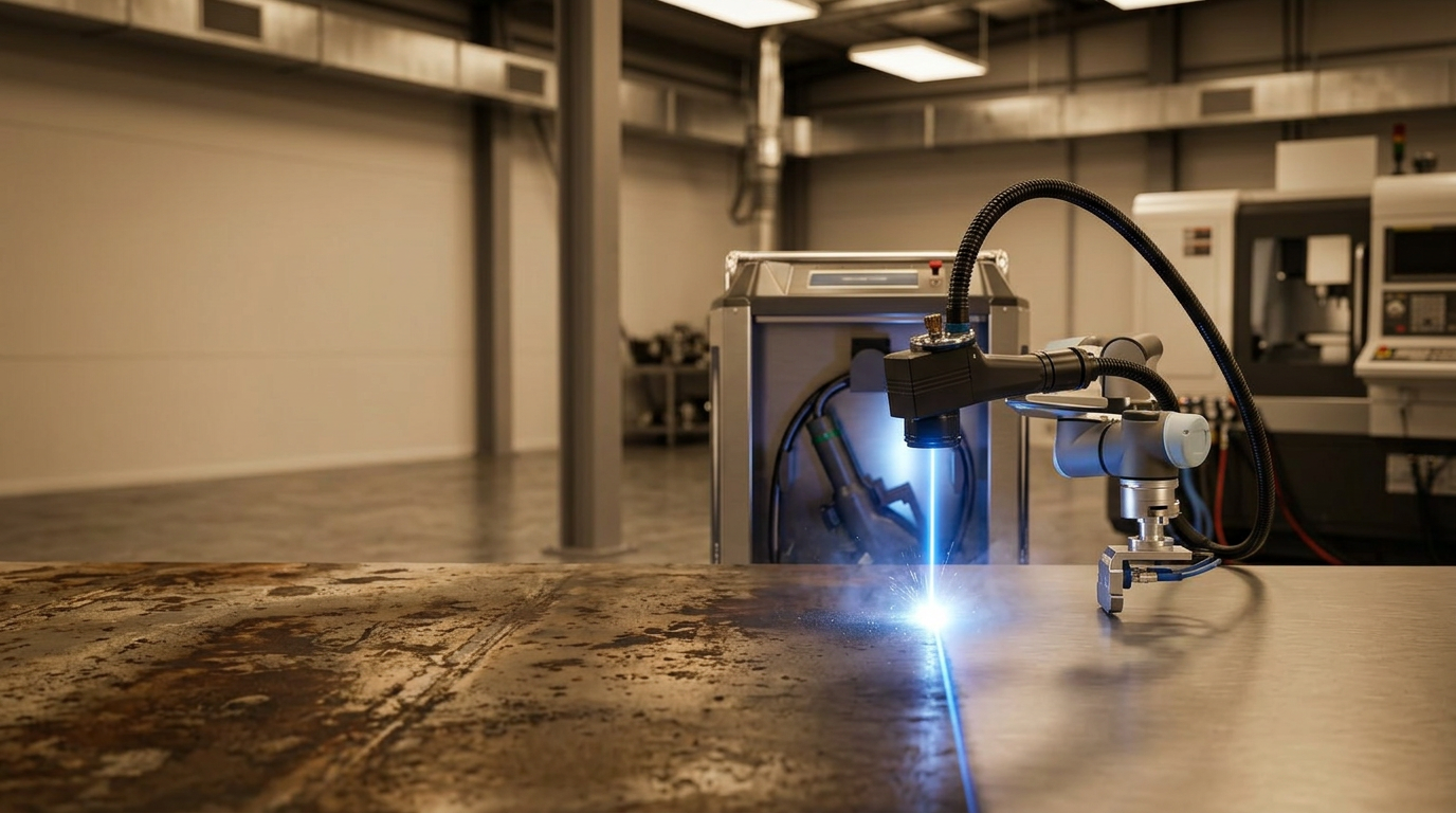 Manufacturing floor with ELASER laser cleaning machine in operation, metal surface showing before/after contrast with electric blue laser beam at contact point, warm workshop lighting with blurred background infrastructure.