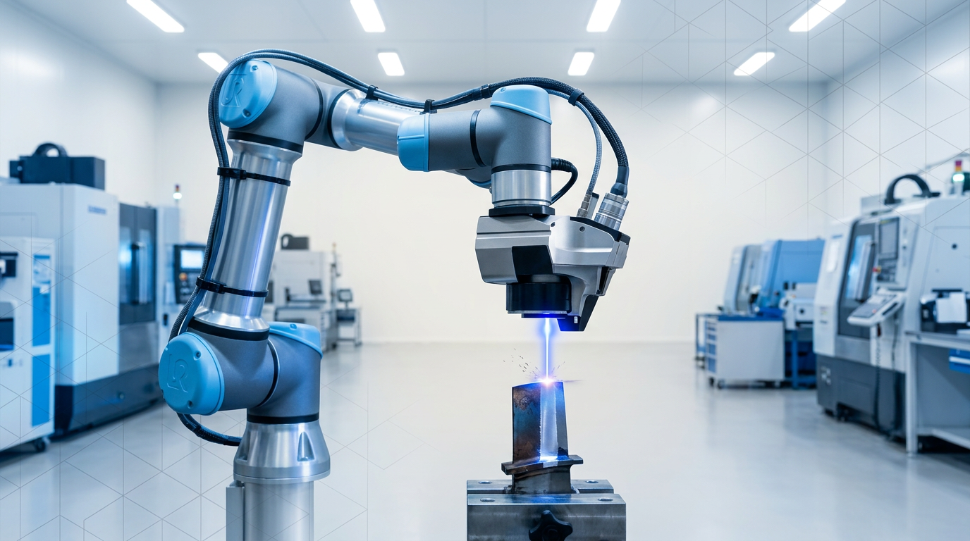Articulated robotic arm with laser cleaning head operating on a complex metal aerospace component in a bright factory floor, electric blue laser beam visible at the contact point showing active material ablation.