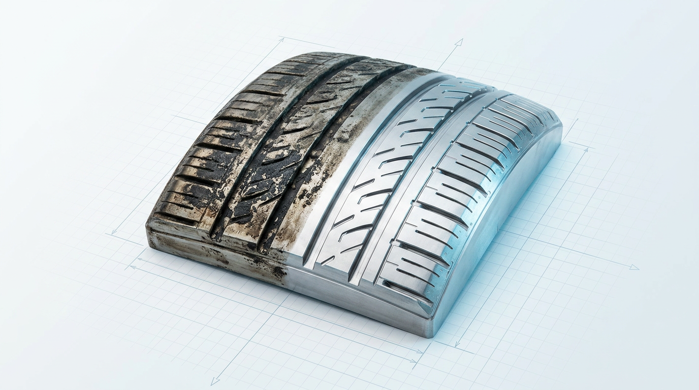 Tire mould segment split into two zones: left side shows discolored vulcanization residue and vent build-up; right side displays cleaned bare metal with preserved sharp geometry and reflective machined surfaces.