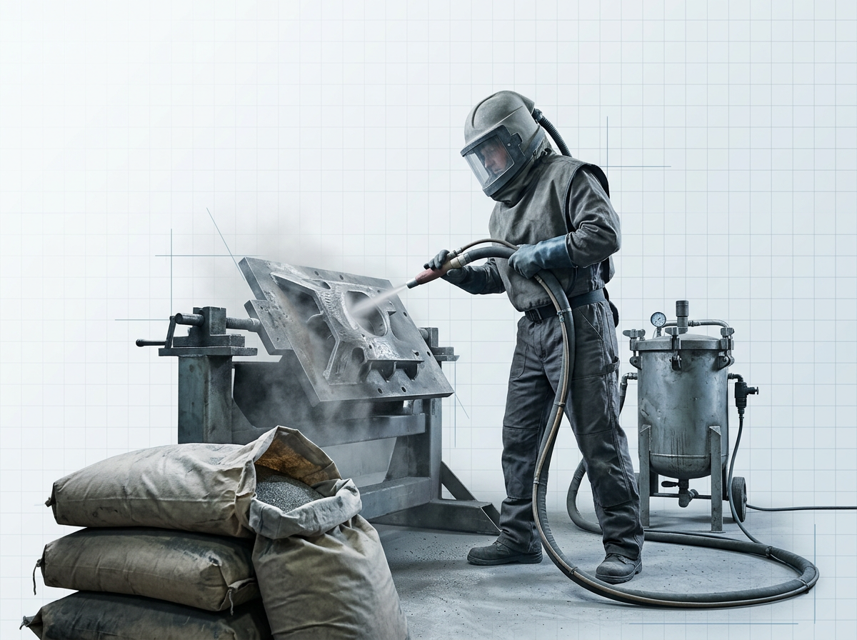 Sandblasting operator in protective gear directing blast nozzle at metal workpiece, with abrasive grit bags and pressurized blast pot visible in industrial workspace.