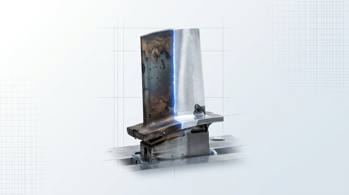 Precision aerospace turbine blade with complex aerodynamic geometry mounted on inspection fixture, showing stark contrast between contaminated and laser-cleaned surfaces with electric blue glow at the transition line.