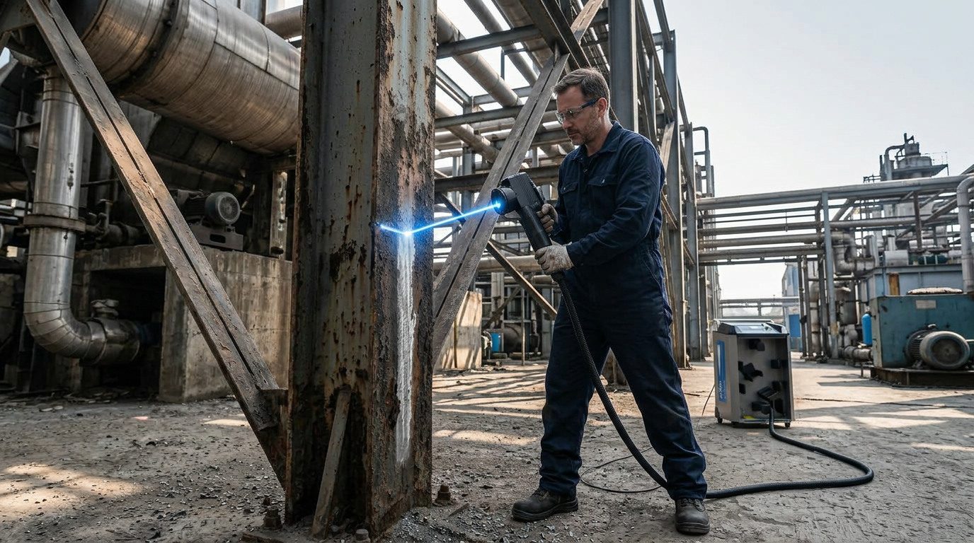 Industrial operator in dark coveralls and safety glasses using handheld laser scanner on weathered steel infrastructure, with electric blue laser beam visible at contact point showing cleaned bare metal against oxidized surface.