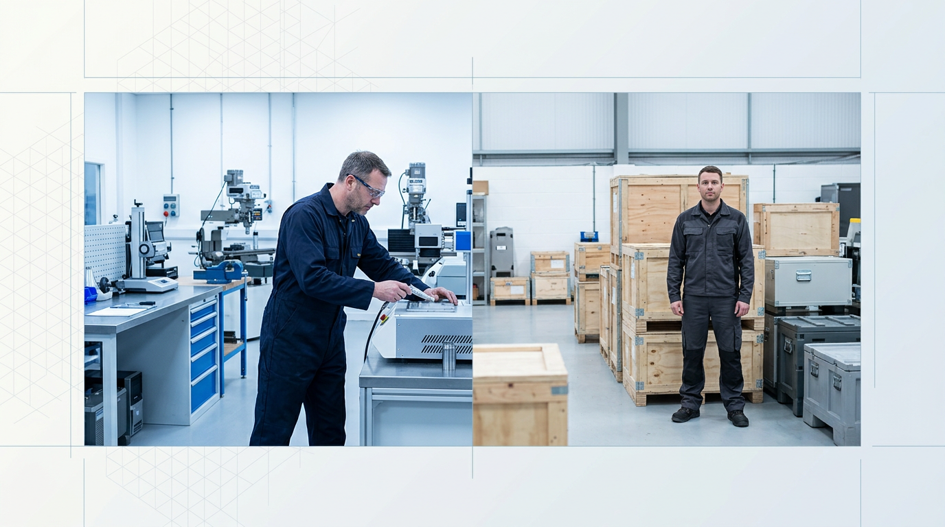 Split-scene contrast: left side shows active UK engineering workshop with focused engineer examining laser cleaning equipment at precision workbench; right side shows logistics warehouse with technician standing among stacked wooden crates of generic imported equipment.