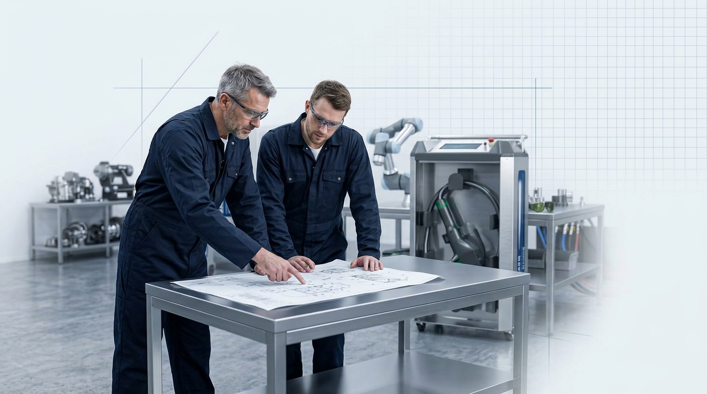 Two experienced engineers in dark navy coveralls examine technical schematics at a metal workbench, with a laser cleaning machine visible in the background of a bright industrial workshop.