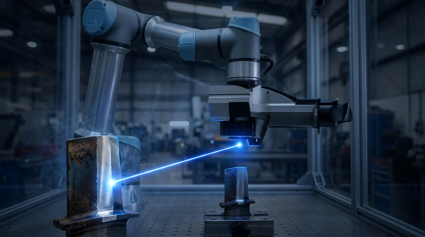 Robotic laser cleaning arm in darkened production facility directing vivid electric blue laser beam at metal component, with stark contrast between oxidized and cleaned surfaces.