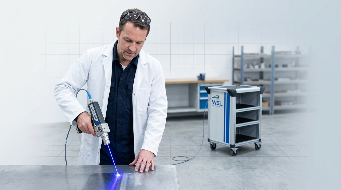Engineer in navy coveralls and lab coat holding ELASER-RHZ handheld scanner, directing electric blue laser beam at metal surface in bright workshop. Wheeled ELASER-RHZ unit visible in background with extended fiber optic cable.