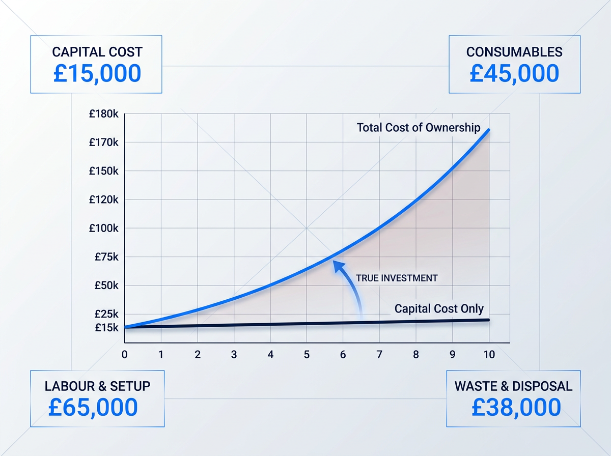 Cost-over-time graph with two diverging lines: Capital Cost Only (nearly flat at £15k-£18k) versus Total Cost of Ownership (steeply ascending to £180k over 10 years), with annotated cost components showing consumables, labour, setup, and waste disposal accumulation.