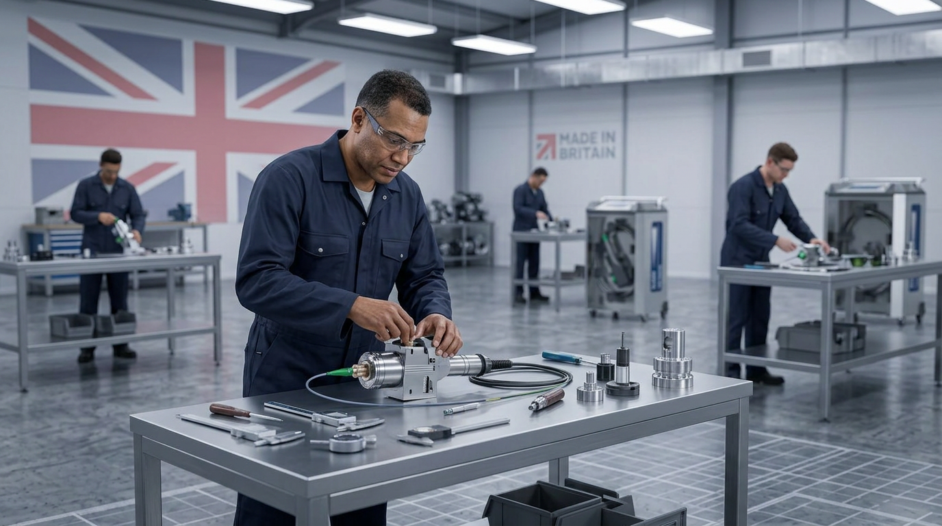 British manufacturing facility interior with engineer in navy coveralls assembling laser cleaning machine components at precision workbench, additional technicians visible at background workbenches in cool industrial lighting.