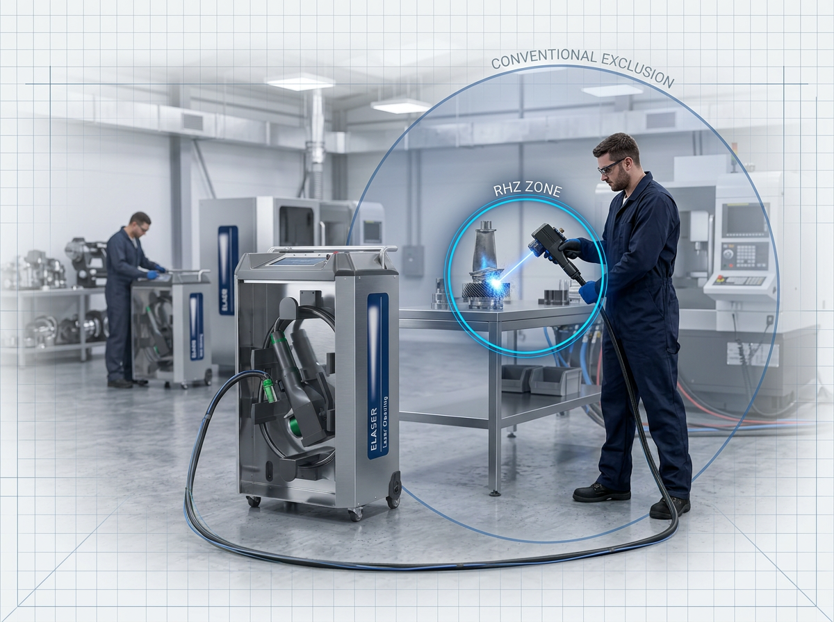 Technician in dark coveralls operates ELASER laser cleaning machine on industrial component in bright workshop. Electric blue laser beam ablates surface. Small RHZ hazard zone circle overlaid near laser head; large faded conventional exclusion zone circle extends across background where other workers continue unobstructed work at machinery stations.