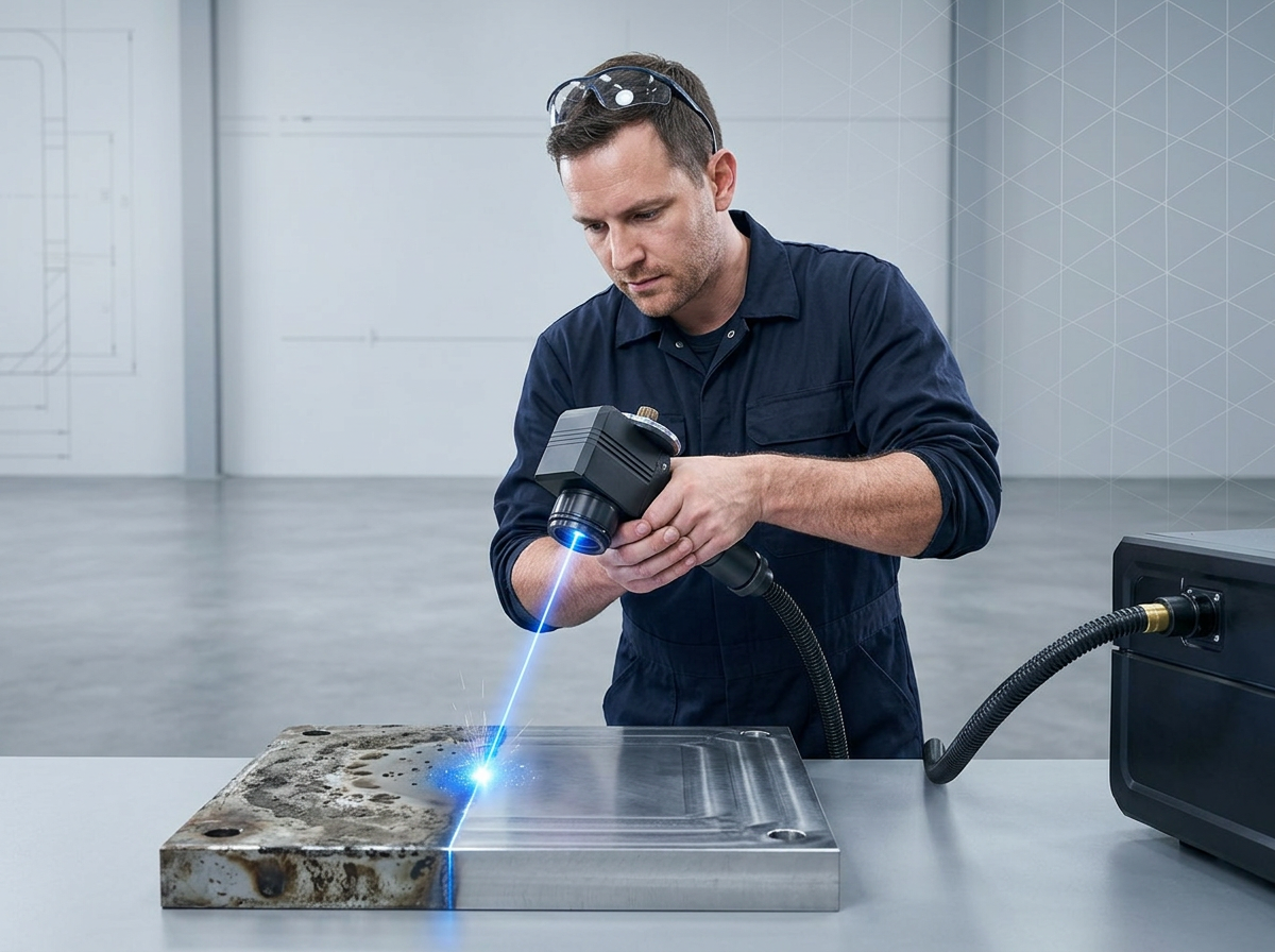 Operator in navy coveralls using ELASER handheld laser cleaning system on metal workpiece in industrial workshop, with laser contact point glowing electric blue and surface contamination contrast visible.
