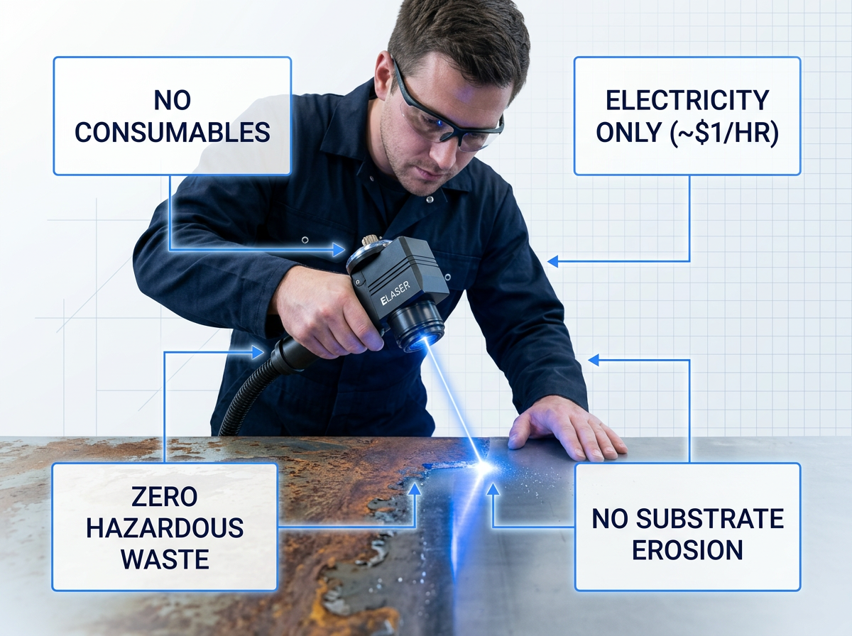 Engineer in dark coveralls using handheld laser scanner to clean rust from metal surface, with electric blue glow at contact point and four labeled cost benefit containers positioned around the scene.