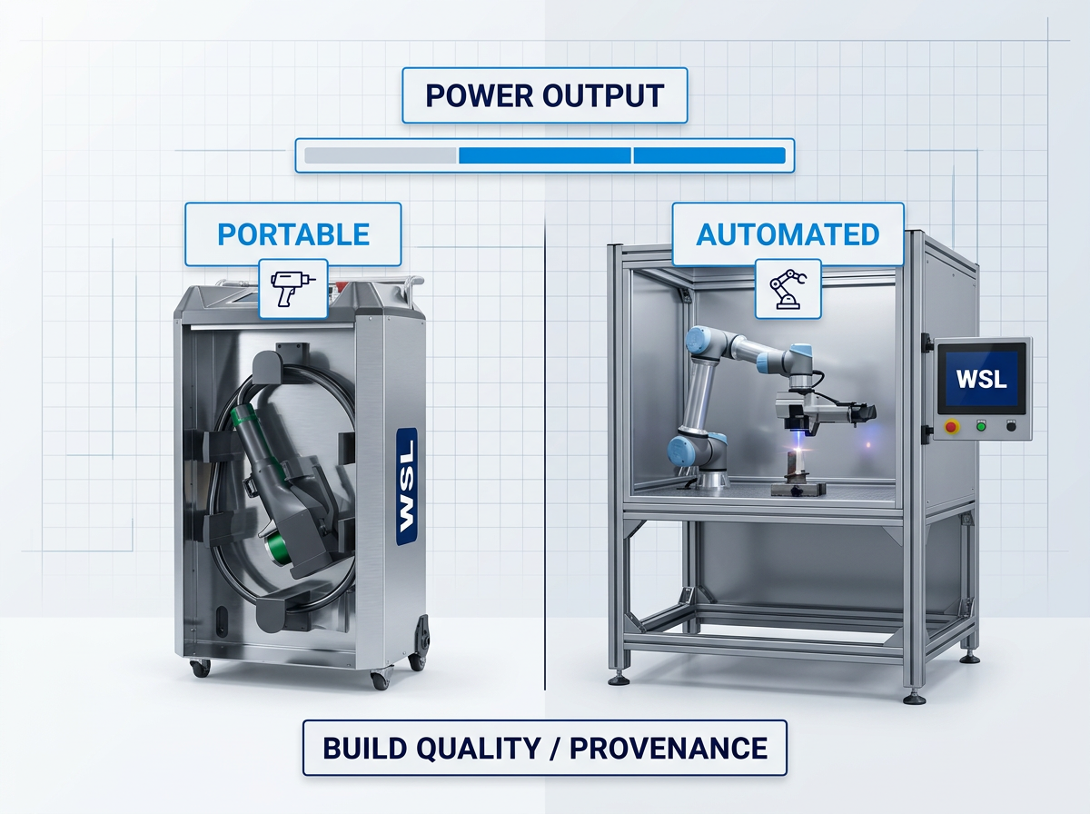 Split-screen comparison of portable handheld ELASER laser cleaning unit on left and automated AutoLASE robotic cell on right, with labeled pricing variables: Power Output spectrum, Portable vs Automated automation levels, and Build Quality/Provenance indicators.