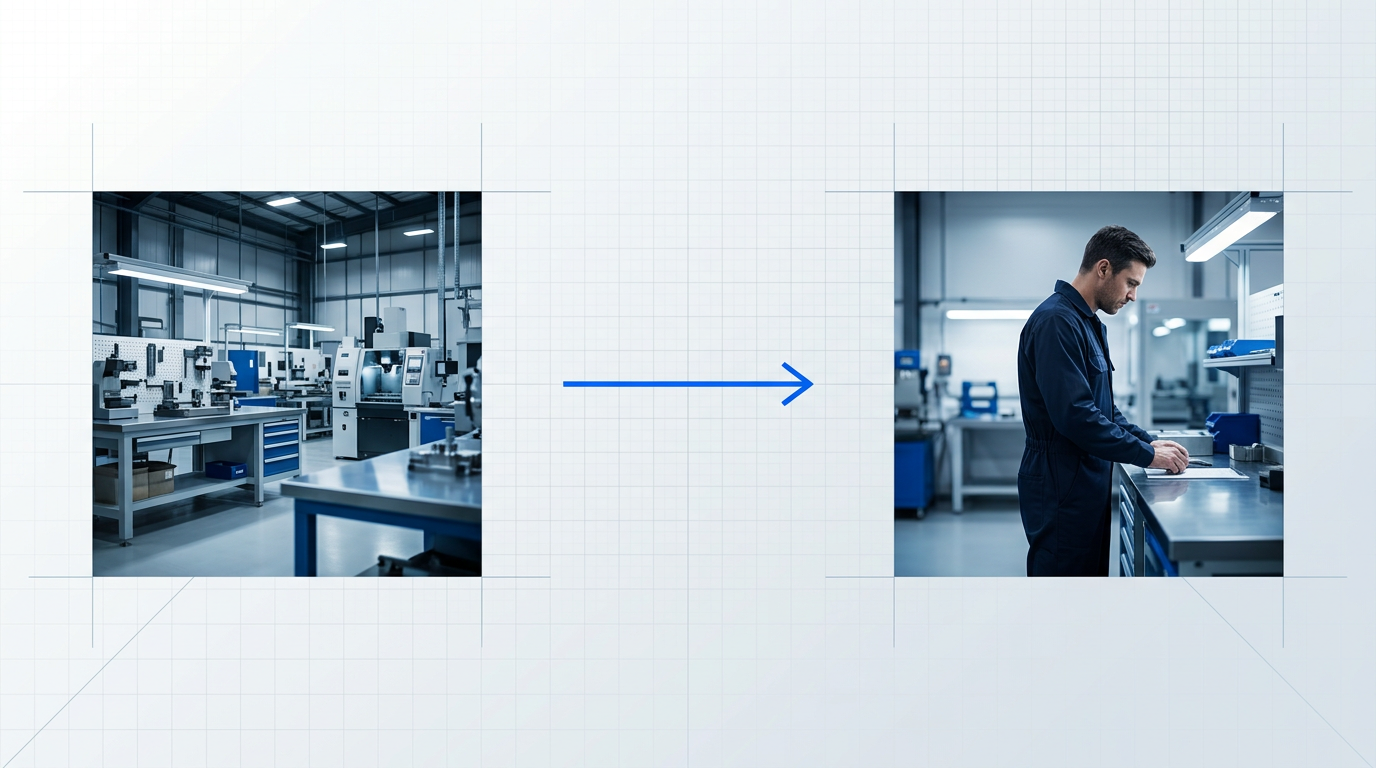 Manufacturing facility on left with workbenches and equipment, electric blue arrow pointing right to professional buyer at workstation, representing direct manufacturer-to-buyer supply chain.