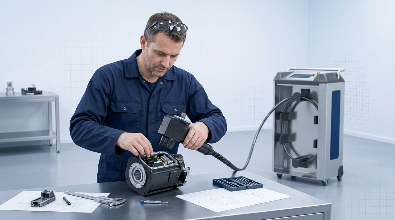 Engineer in dark navy coveralls inspecting ELASER laser scanner head at workbench, with machine and precision tools visible in bright workshop setting.