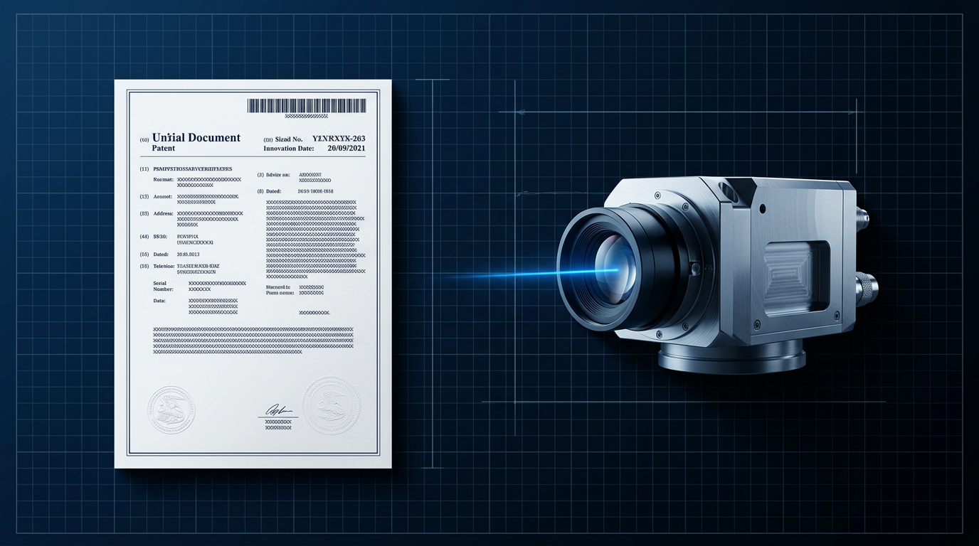 Patent document and laser cleaning scanner head positioned side-by-side against dark navy engineering background with grid pattern overlay.