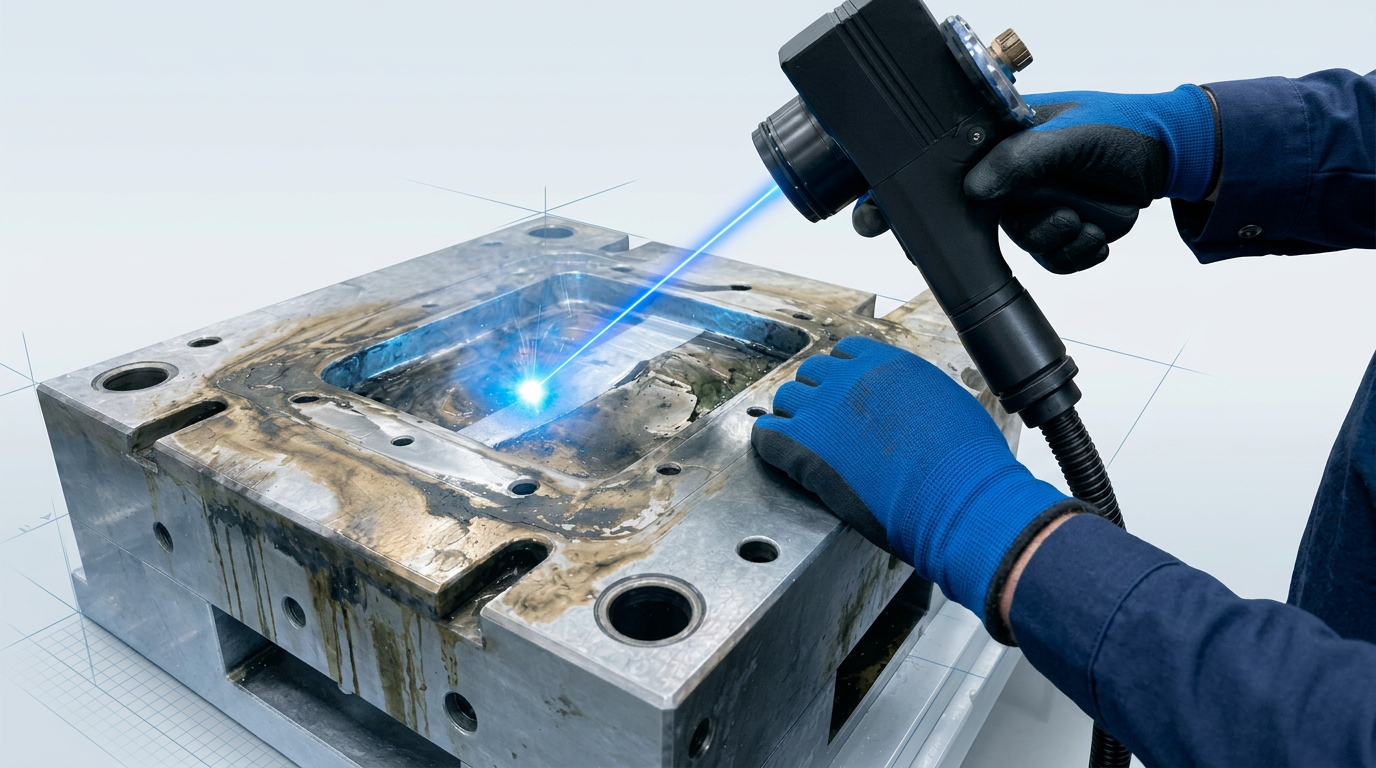 Automotive EV battery component mounted on precision fixture with laser cleaning scanner actively removing surface contamination, showing stark contrast between cleaned bare metal and contaminated areas.