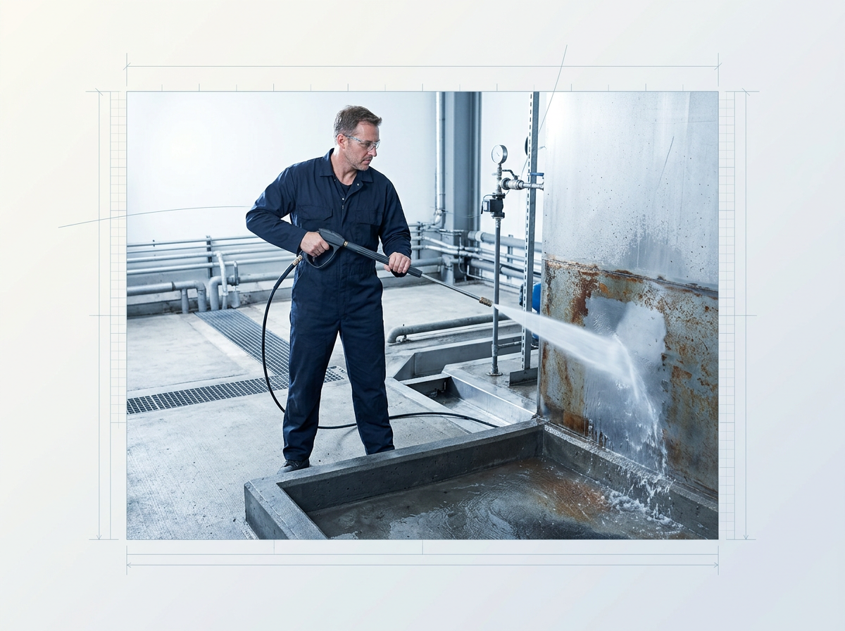 Technician in navy coveralls directing high-pressure water lance at metal surface, with water spray and runoff visible, containment tray below, drainage infrastructure in background.