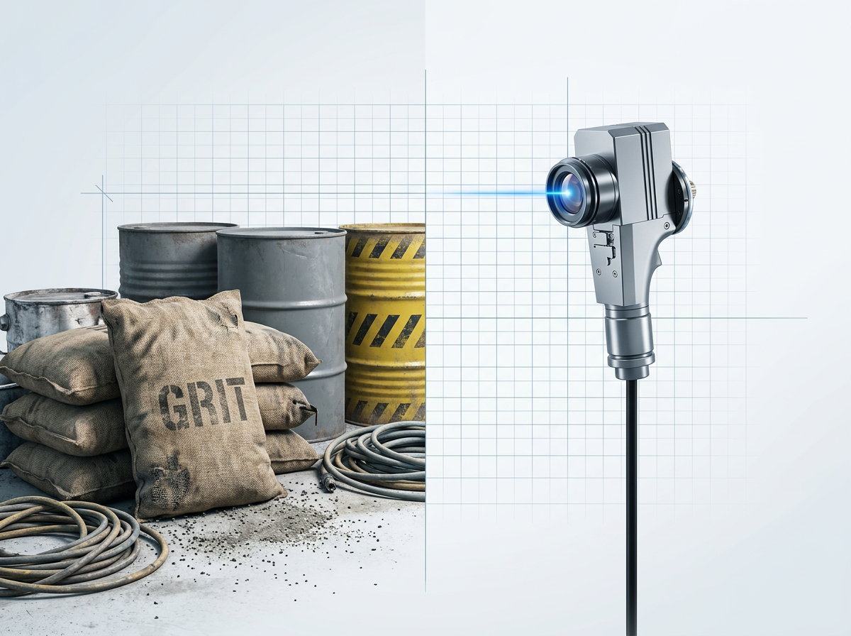 Split-composition contrast: left side shows stacked grit sacks and chemical drums with coiled hoses on concrete; right side shows a single laser cleaning scanner head on a power cable with electric blue glow at the optics.