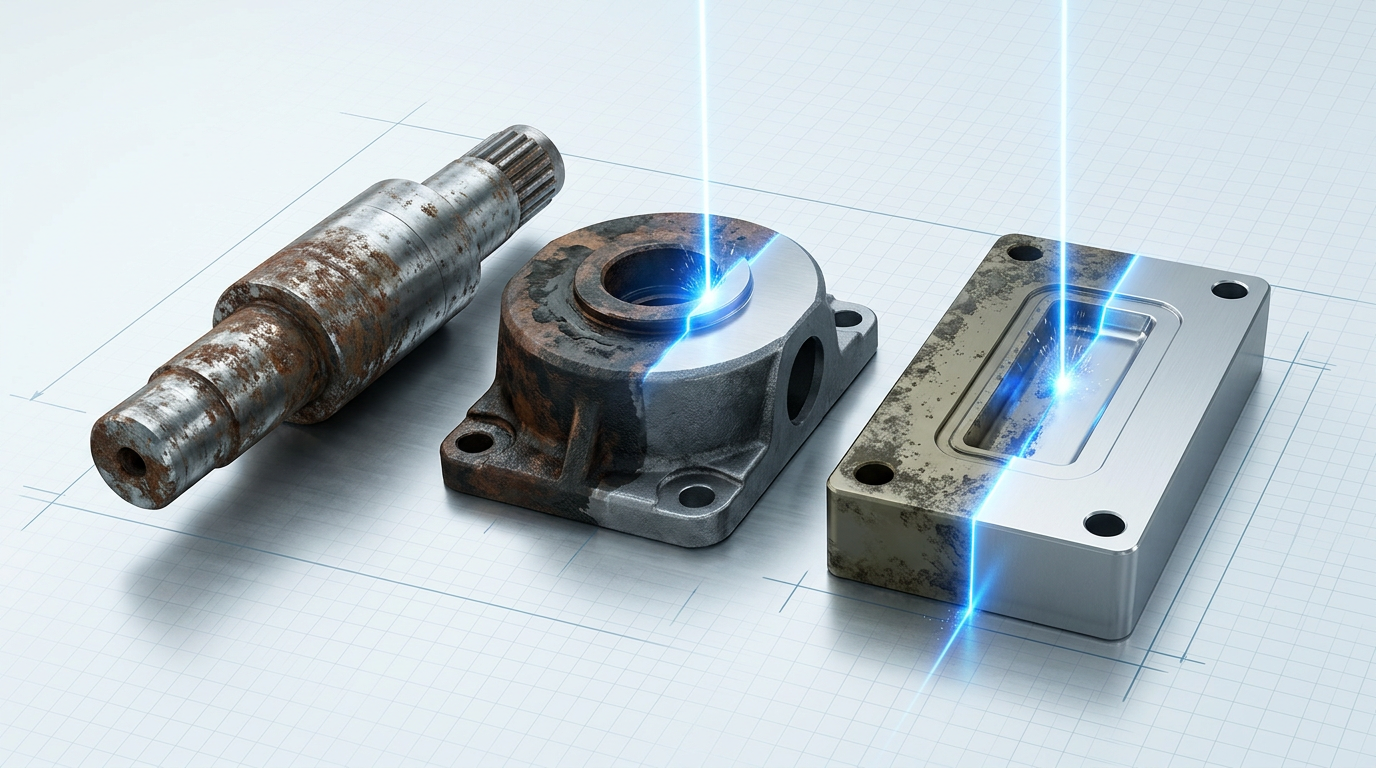 Batch of three worn industrial components showing laser cleaning in progress: corroded steel shaft, oxidized cast iron part, and contaminated mould insert. Left side of each part displays heavy rust and residue; right side reveals clean bare metal where electric blue laser beam actively strips away surface contamination.