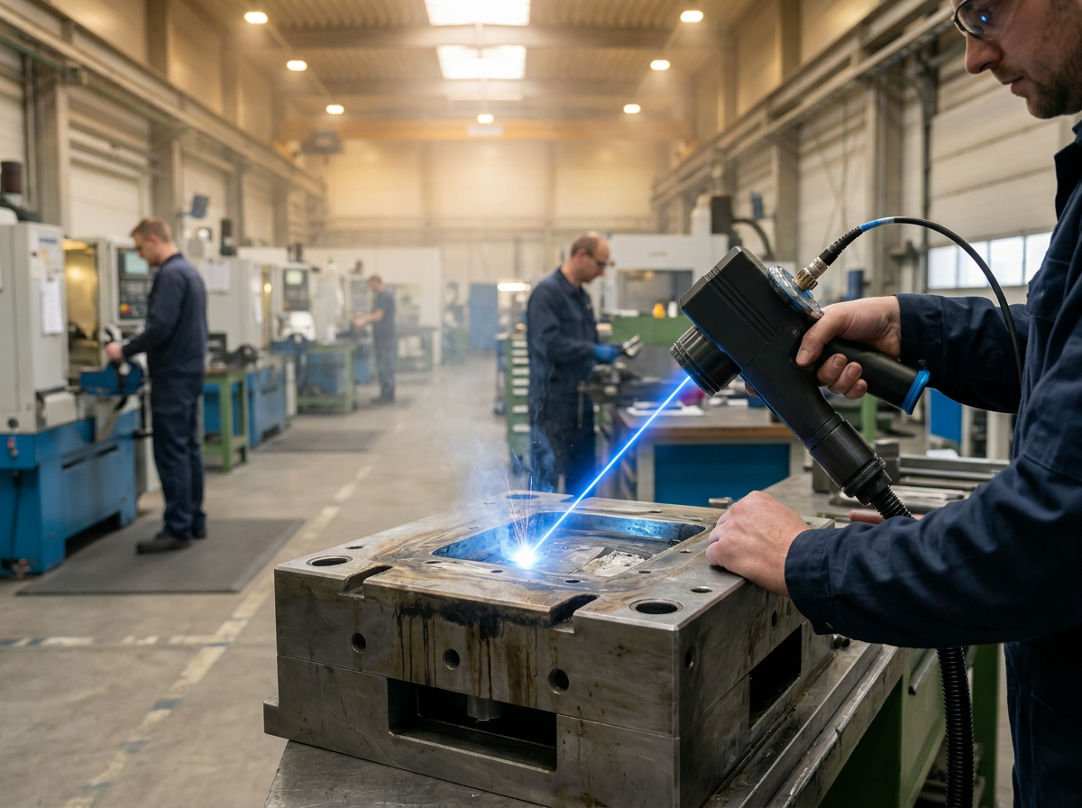 ELASER-RHZ laser cleaning head in active use within a bright industrial workshop, operator directing blue laser beam at metal surface while other workers and machinery operate normally in background without safety barriers.