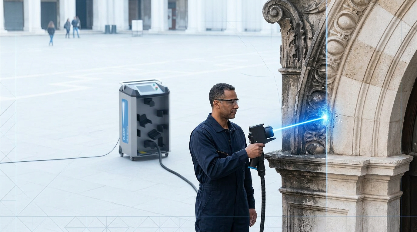 Operator in navy coveralls uses ELASER-RHZ laser scanner to clean ornate stone masonry in open heritage plaza, with electric blue laser beam marking cleaned surface against weathered contamination, no barriers or evacuation zones visible.