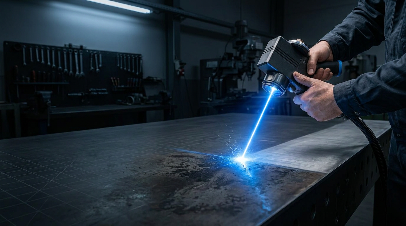 Handheld laser scanner directing bright electric blue beam across dark metal surface in industrial workshop, with visible laser ablation and stark contrast between cleaned and oxidised areas.