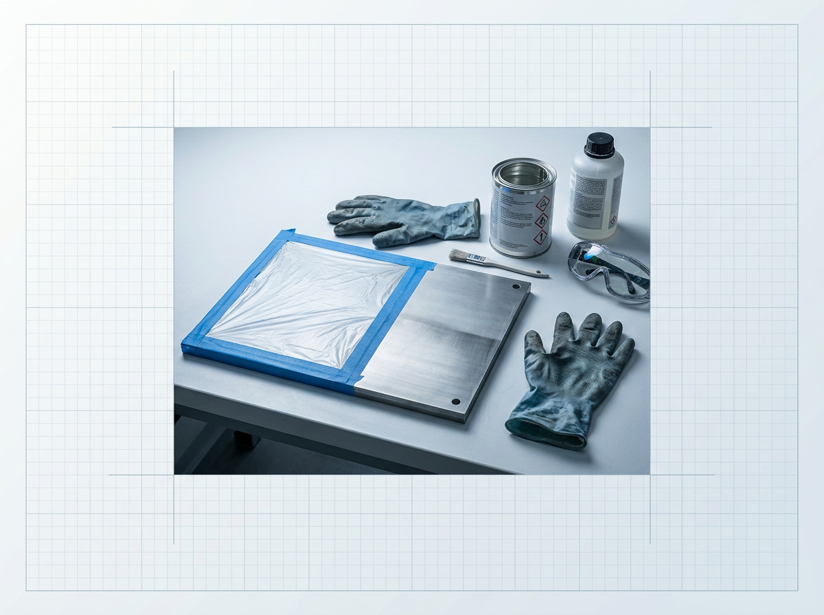 Metal workpiece partially masked with blue tape and protective film on a workbench, surrounded by open chemical containers, safety goggles, nitrile gloves, and an applicator brush.