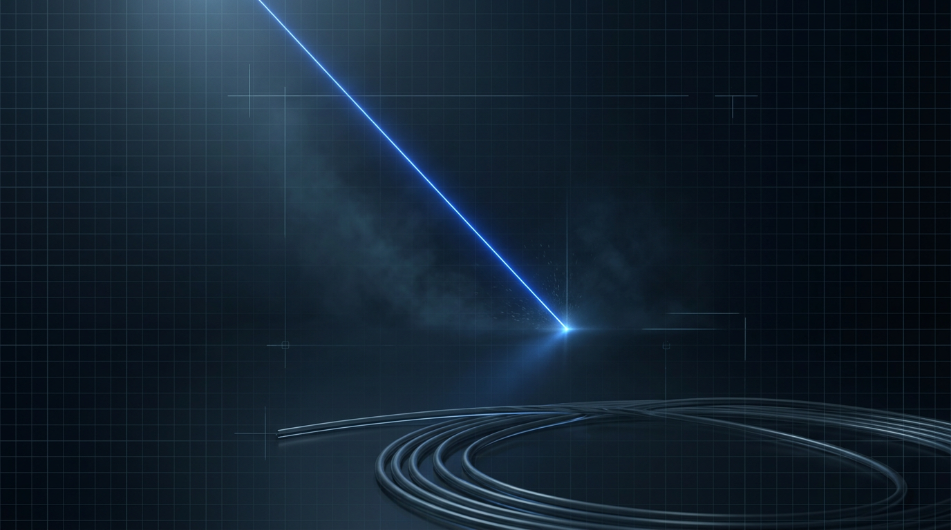 Dark industrial workspace with electric blue laser beam cutting diagonally through the frame, coiled fiber optic cable visible in lower portion, subtle grid overlay and volumetric light effects.