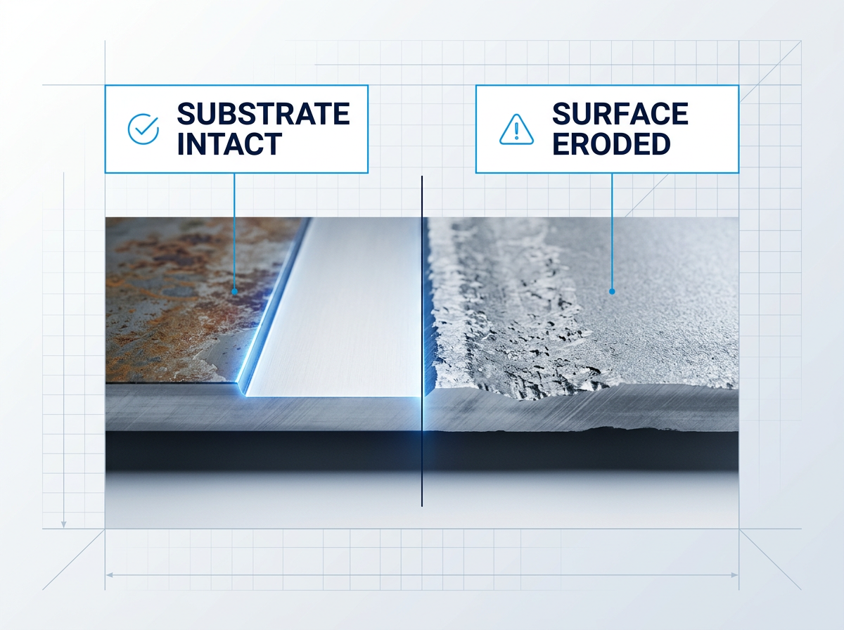Split-surface cross-section comparing laser-cleaned substrate (left, smooth and intact) with sandblasted surface (right, eroded and rough), divided by a sharp boundary line with electric blue laser contact glow.
