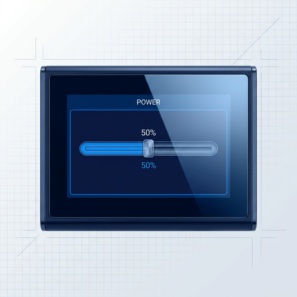 Close-up of ELASER touchscreen interface with power control slider set to 50% mid-range value, displaying electric blue interactive elements on navy-accented screen.