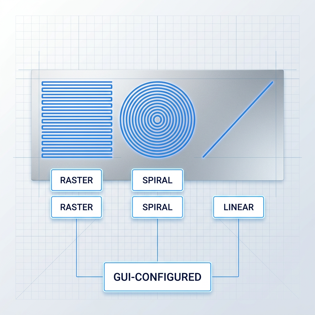 Top-down schematic showing three distinct laser scan patterns—raster grid, spiral, and linear path—traced in electric blue across a metal surface, with GUI-Configured label and connector lines indicating operator selection.