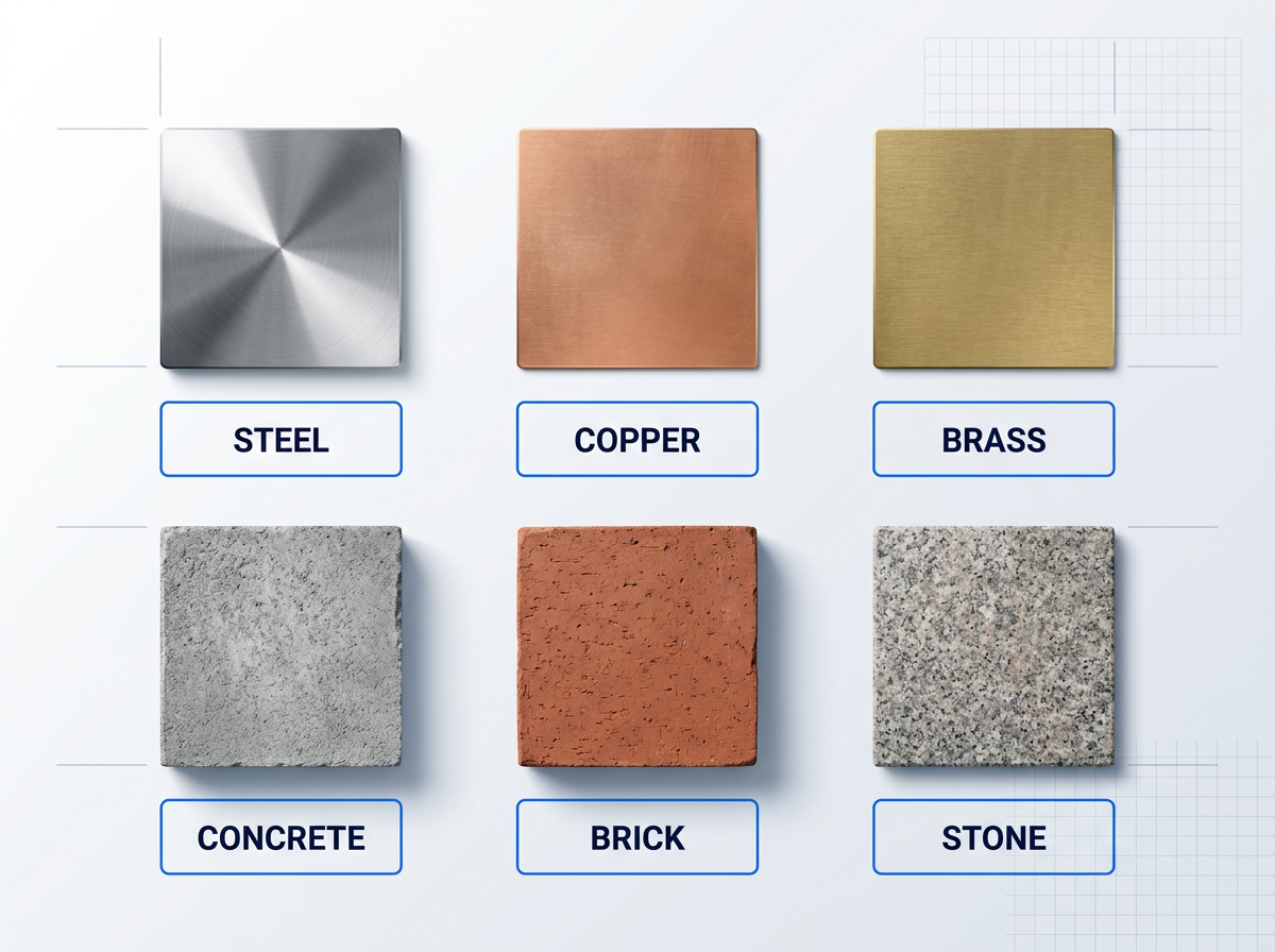 Flat-lay grid of six material samples labeled with material names: polished steel, copper, brass, concrete block, brick, and natural stone tile, each with a label container beneath.