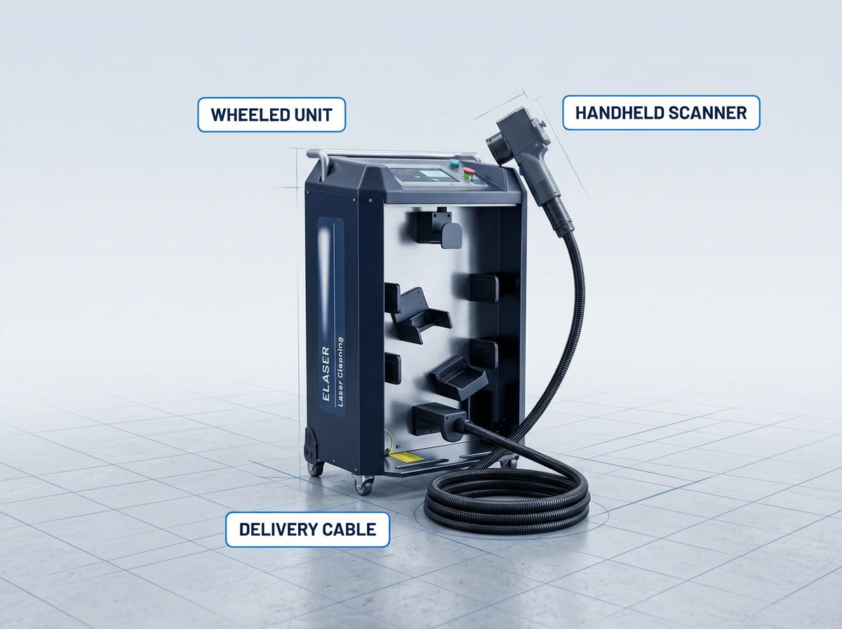 ELASER wheeled laser cleaning unit centered in workshop with handheld scanner resting on top and coiled delivery cable at base, labeled with three component badges.