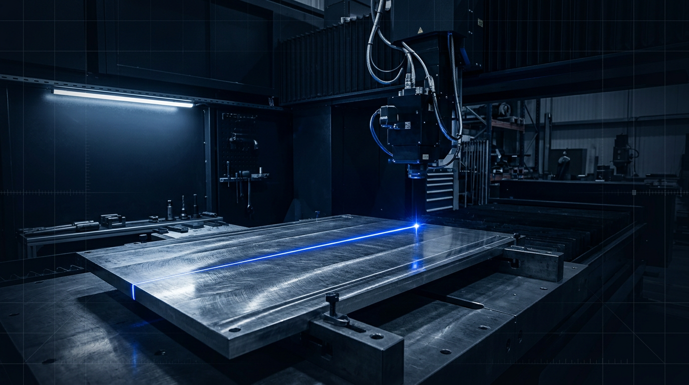 Dark industrial workspace with brushed steel surface, fine machining marks, and electric blue laser beam cutting across the metal in active cleaning motion, with subtle geometric grid overlay.