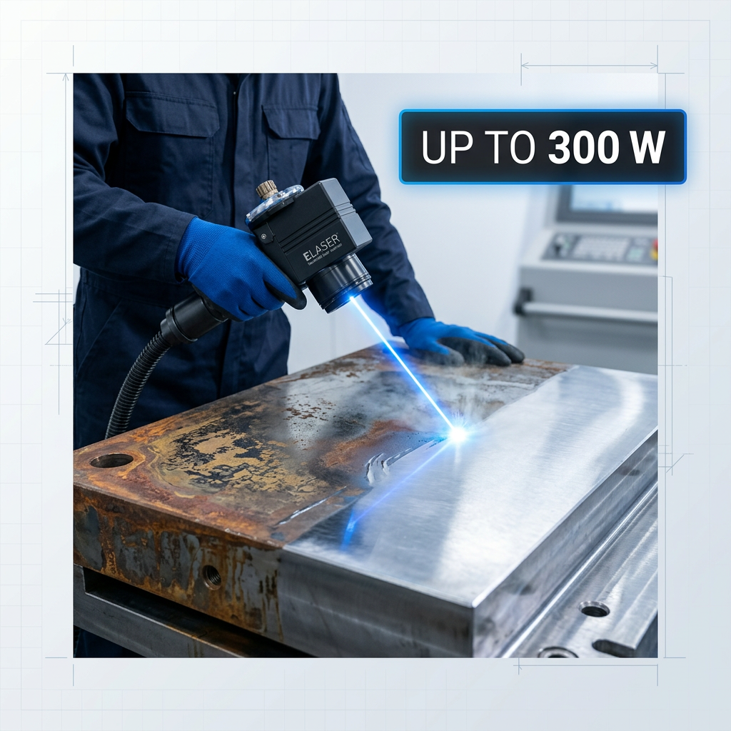 ELASER handheld laser scanner in use on contaminated metal surface, with electric blue laser beam cleaning away rust and mill scale, revealing bare metal beneath. Engineer in navy coveralls operates the scanner. Bold white badge reads UP TO 300 W.